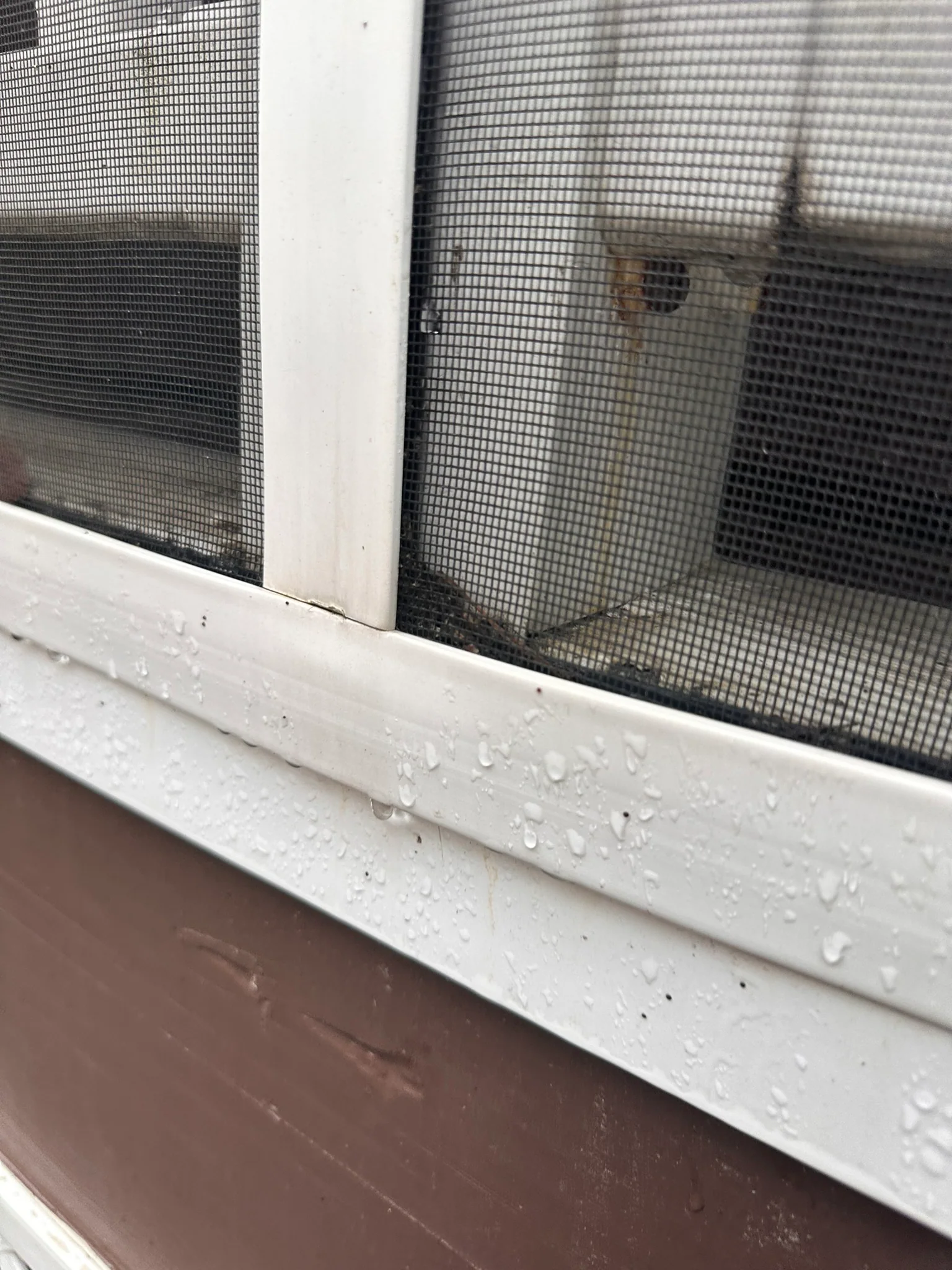 Close view of Screen Tight porch screening with white cap and standard mesh installed by Best Screens.