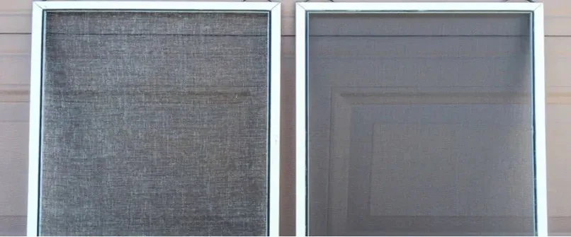 Close comparison of visibly whitened worn window-screen mesh beside darker new screen mesh.