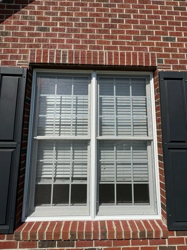 Standard charcoal mesh installed in a white residential window-screen frame.