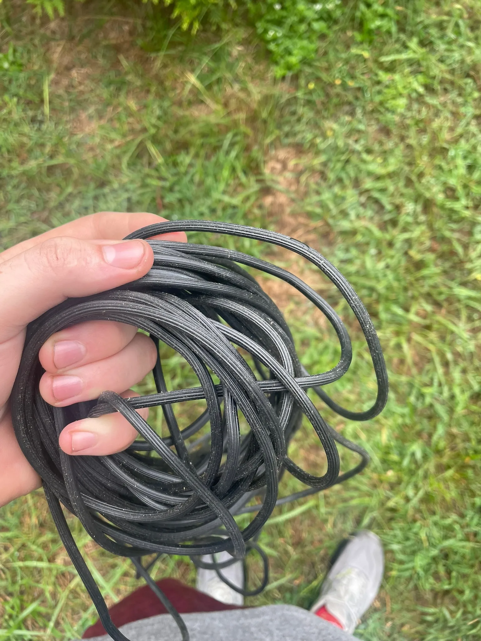 Coil of black round spline used to secure mesh in window-screen and removable-panel frames.