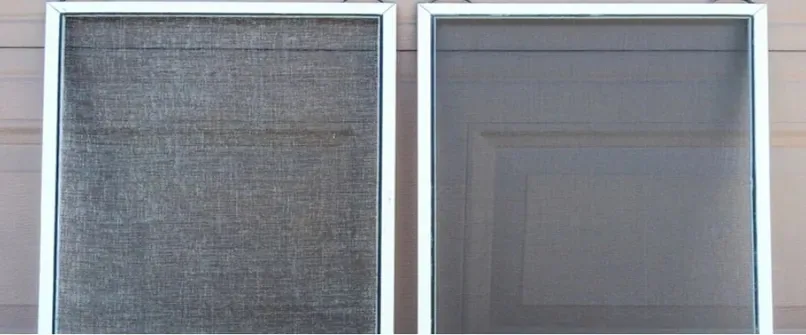 Visibly lighter aged window-screen mesh beside darker new charcoal mesh.