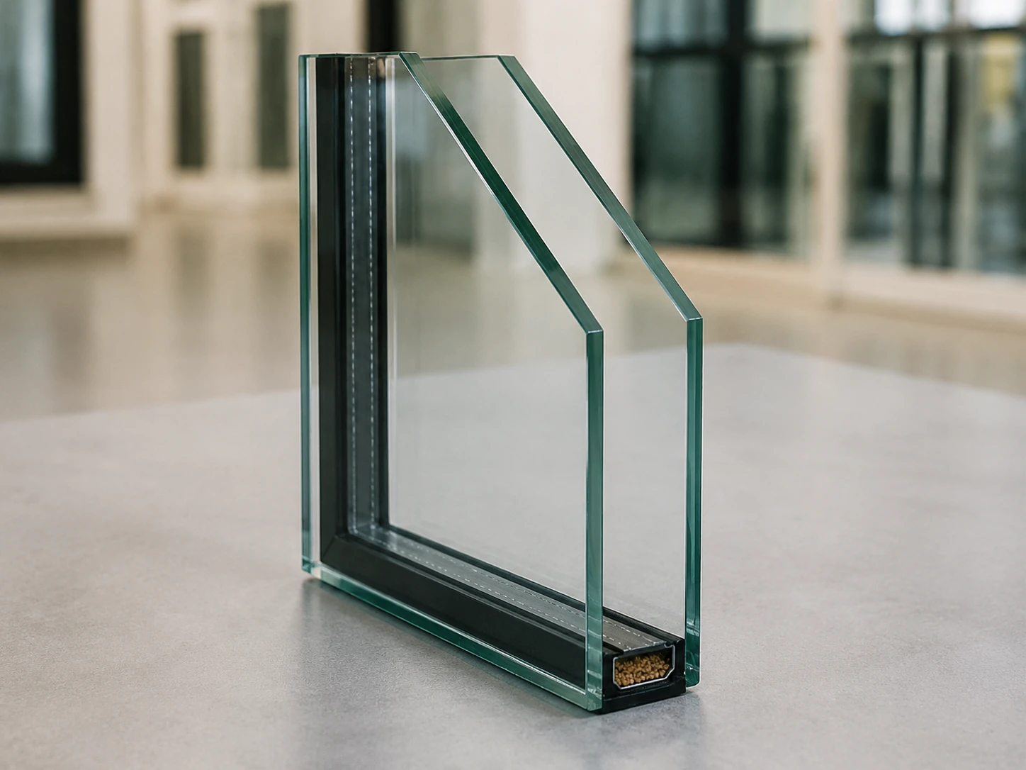 Representative educational image of two glass panes with a sealed cavity and perimeter spacer.