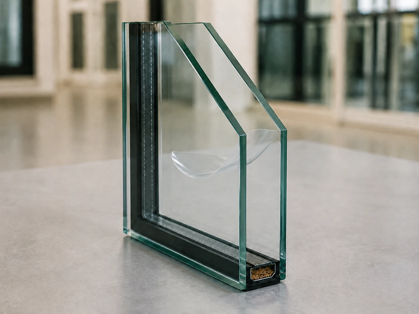 Representative educational image of laminated insulating glass with two panes, a spacer and a clear interlayer demonstration.