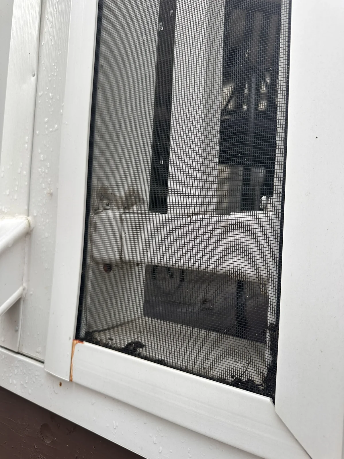 Close-up of porch-screen mesh retained by an installed white Screen Tight system.
