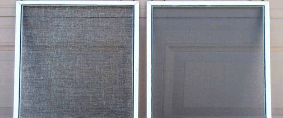 Two white-framed window screens side by side, with worn whitening charcoal-coated fiberglass mesh on the left and new dark charcoal mesh on the right.