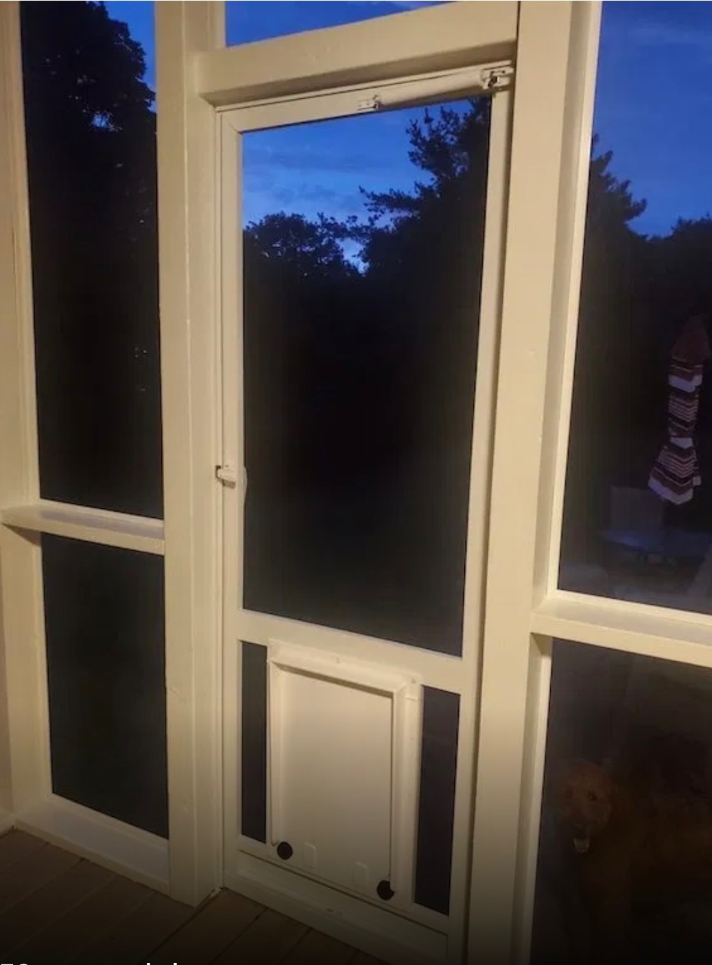 PCA Products aluminum screen door with integrated pet access.