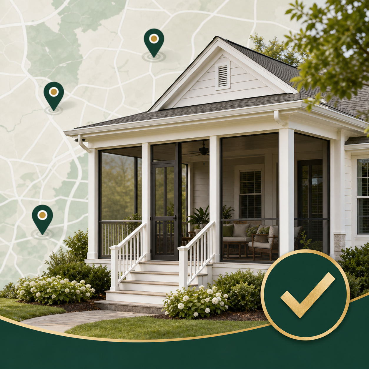 Screened porch project with service-area location markers