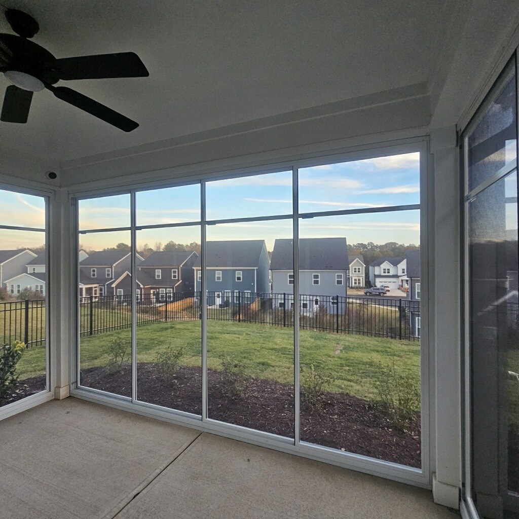 White Eze-Breeze SS10 four-track, four-vent horizontal sliders installed floor to ceiling.