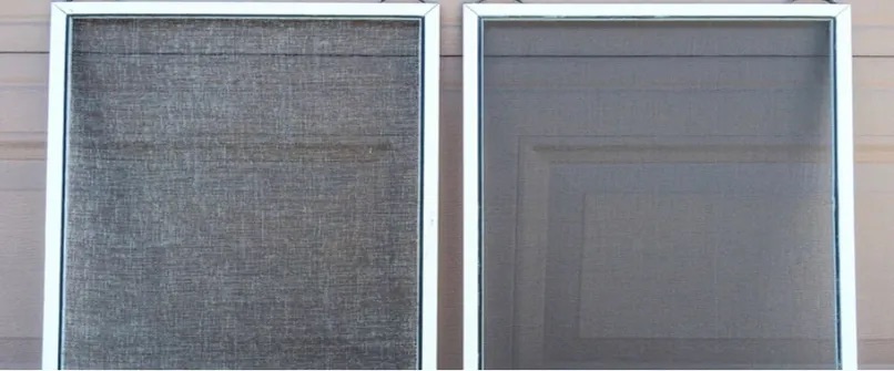 Worn fiberglass window screen beside a newly screened panel for comparison.